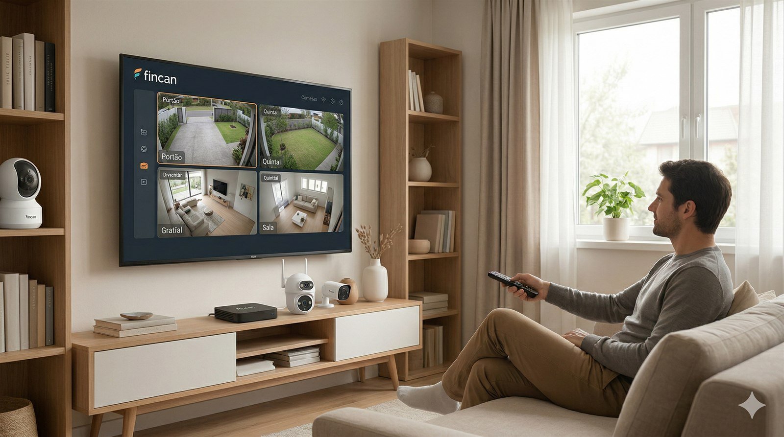 Aplicativo FINCAN mostrando cameras em uma TV na sala
